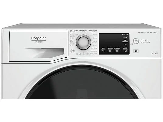 HOTPOINT NDB 964489 WDA k Lave-linge séchant HOTPOINT NDB 964489 WDA IT, chargement frontal, capacité de lavage 9 kg, capacité de séchage 6 kg, 16 programmes, profondeur 54 cm, blanc, classe énergétique A + lot de 4 pieds anti-vibrations KOENIC pour lave-linge + désodorisant d’intérieur MELICONI ECO PARFUM FRESH MUSK