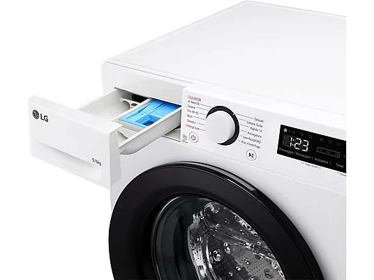 Lave-linge séchant LG AI DD D4R3009NSWB f Lave-linge séchant LG AI DD D4R3009NSWB, chargement frontal, capacité de lavage 9 kg, capacité de séchage 6 kg, 12 programmes, profondeur 56,5 cm, blanc, classe énergétique A + lot de 4 pieds anti-vibrations KOENIC pour lave-linge + désodorisant d’intérieur MELICONI ECO PARFUM FRESH MUSK