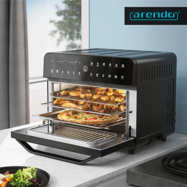 Friteuse à air chaud Arendo 1800 W, mini-four, 25 L, acier inoxydable, four à pizza, 4 niveaux, mini-four à convection, minuterie, 12 programmes, cuisson, déshydratation, friture, sans huile, noir