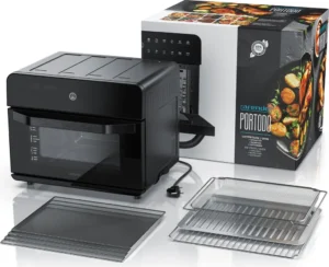 Friteuse à air chaud Arendo 1800 W, mini-four, 25 L, acier inoxydable, four à pizza, 4 niveaux, mini-four à convection, minuterie, 12 programmes, cuisson, déshydratation, friture, sans huile, noir