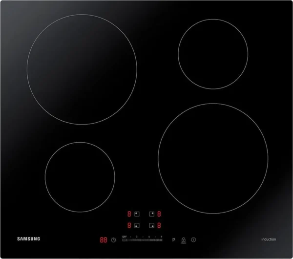 Plaque de cuisson à induction Samsung NZ64H37075K, pose libre, vitrocéramique, 60 cm de large, commandes tactiles, QuickStop, châssis en acier inoxydable, noire